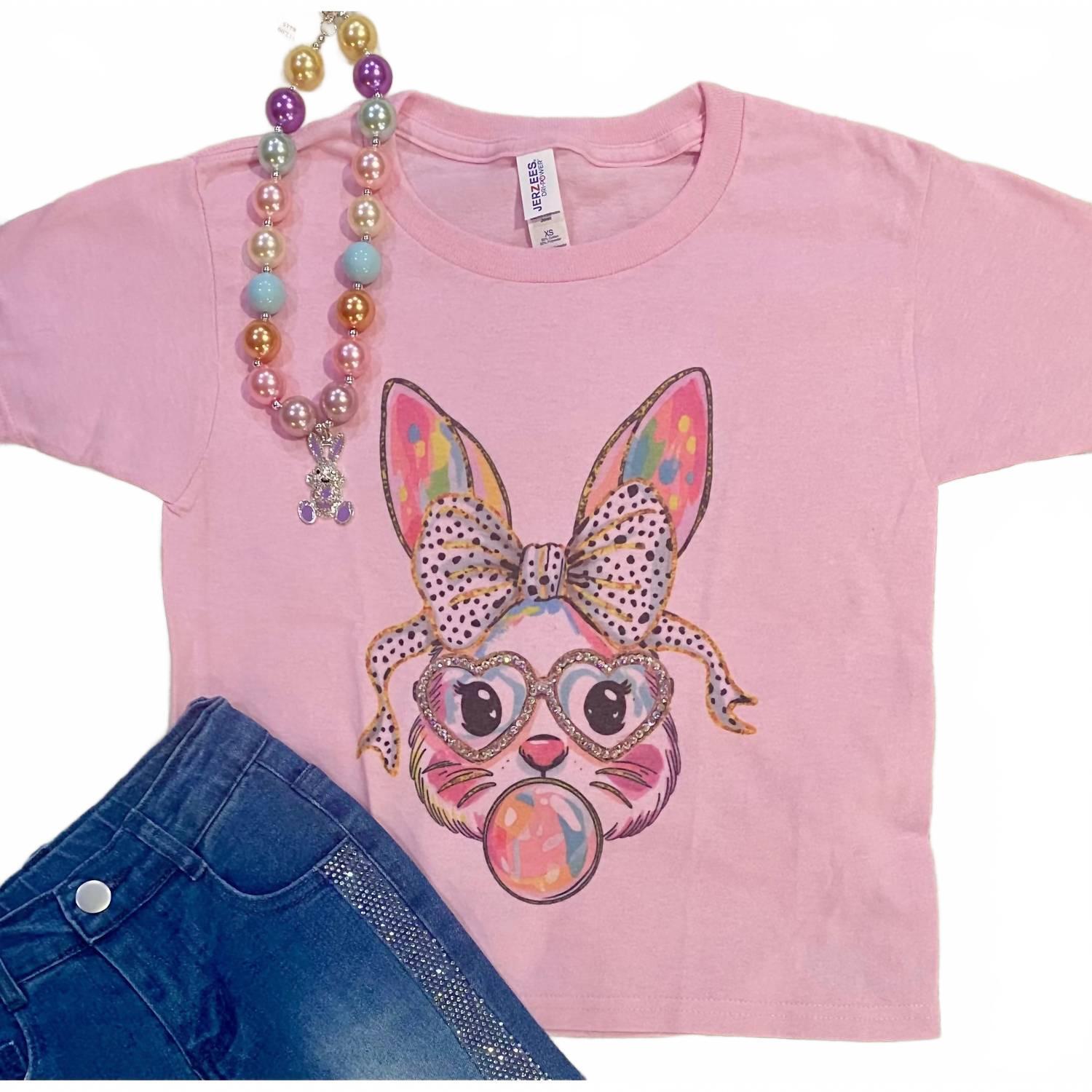 New Ms. Bleached Tees N More Girl's Sparkle Bunny Rhinestone Tee In Pink
